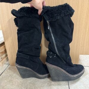 Black Faux Fur Wedge Boots